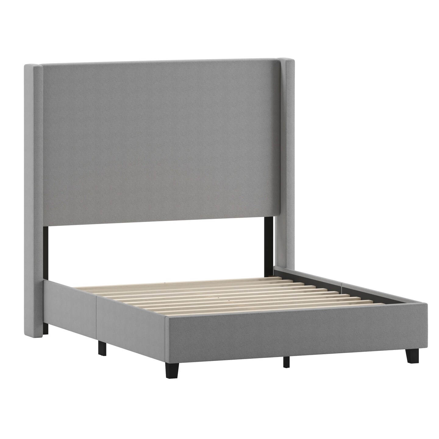 Merrick Lane Bramlett Modern Platform Bed - Gray Faux Linen - Queen - Padded Wingback Headboard - 6" Floor Clearance - Wood Support Slats - No Box Spring Needed