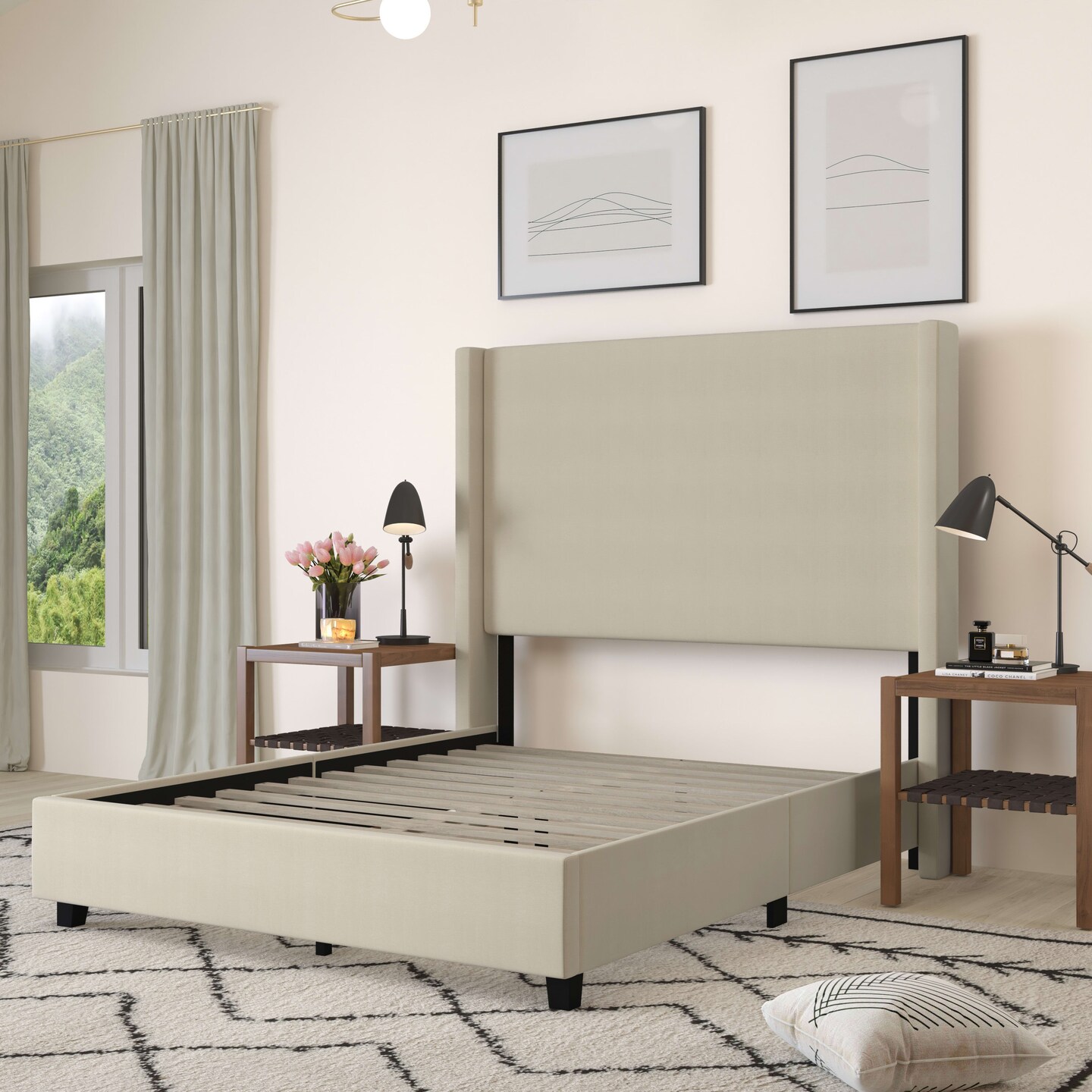 Merrick Lane Bramlett Modern Platform Bed - Gray Faux Linen - Queen - Padded Wingback Headboard - 6&#x22; Floor Clearance - Wood Support Slats - No Box Spring Needed