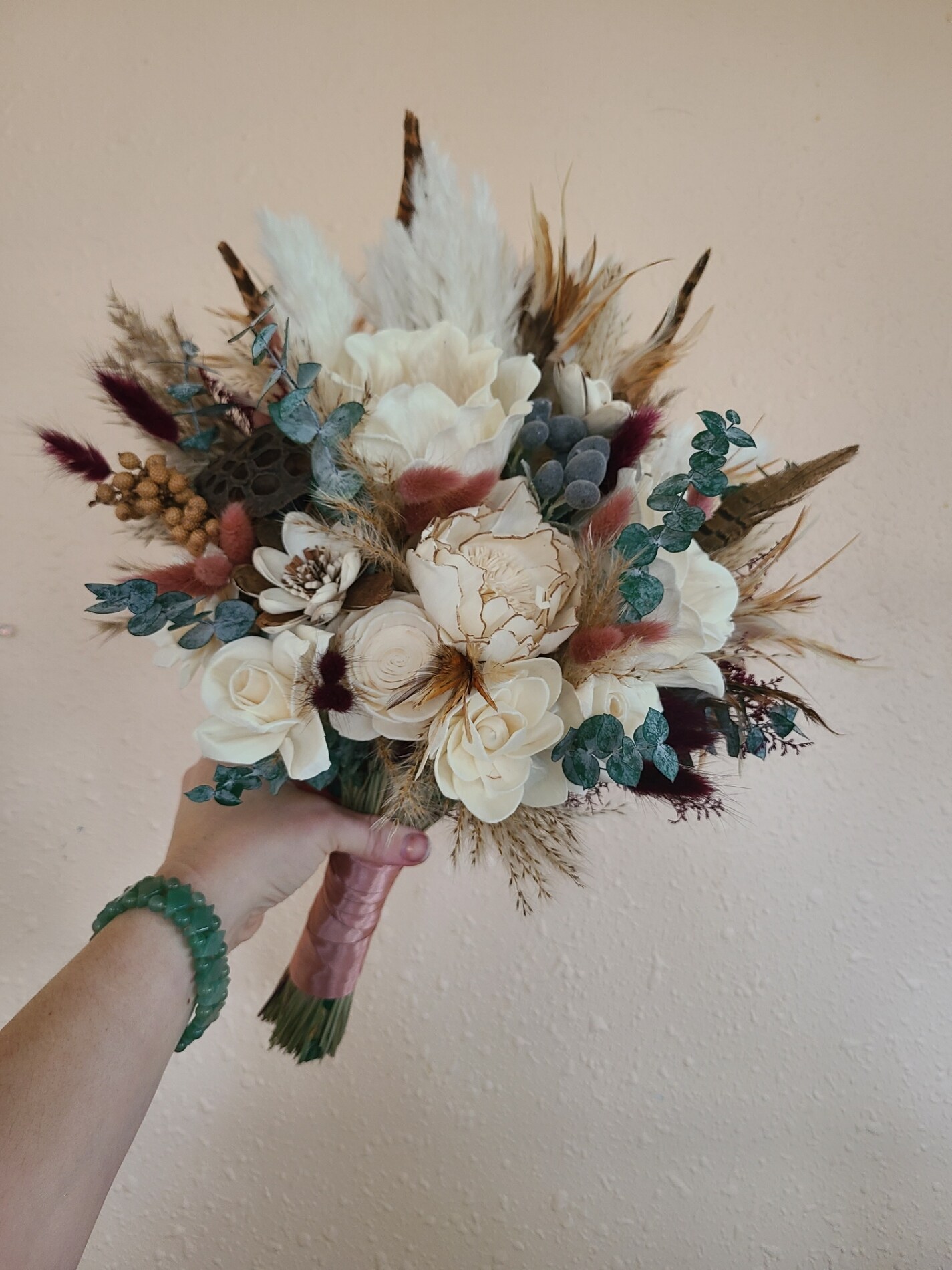 Boho Wood Flower Bouquet with Mauve Pink Bunny Tails and Pampas