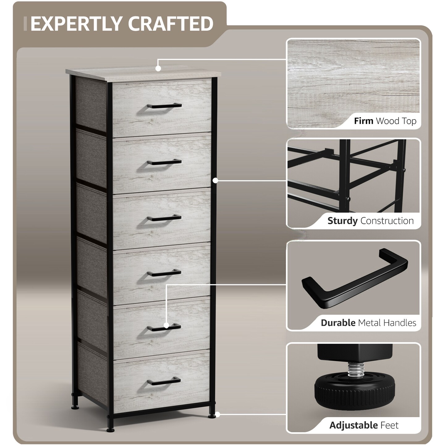 Sorbus 6 Drawers Tall Dresser with Steel Frame, Wood Top & Easy Pull Foldable Fabric Bins