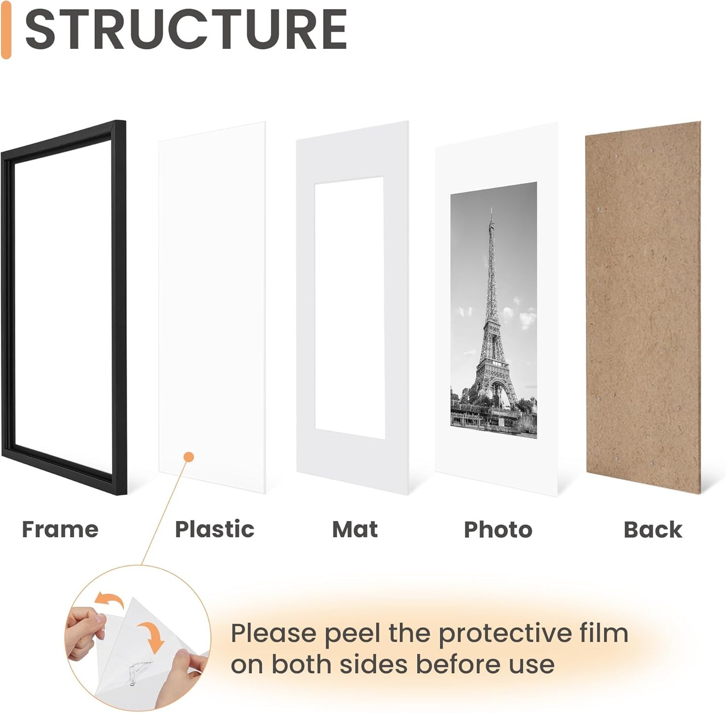 11x14 Picture Frame Set of 5, Display Pictures 8x10 with Mat or 11x14 Without Mat, Wall Gallery Photo Frames, Black