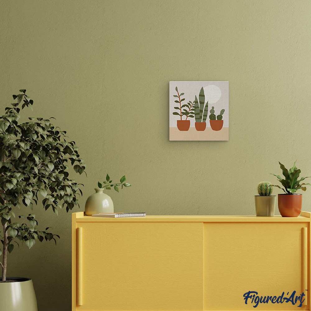 Figured&#x27;Art Mini Paint by Numbers Kit for Adults with Frame Three plant pots Small format 8&#x22;x8&#x22; - Craft Art Painting DIY Canvas Already Stretched on a Wooden Frame
