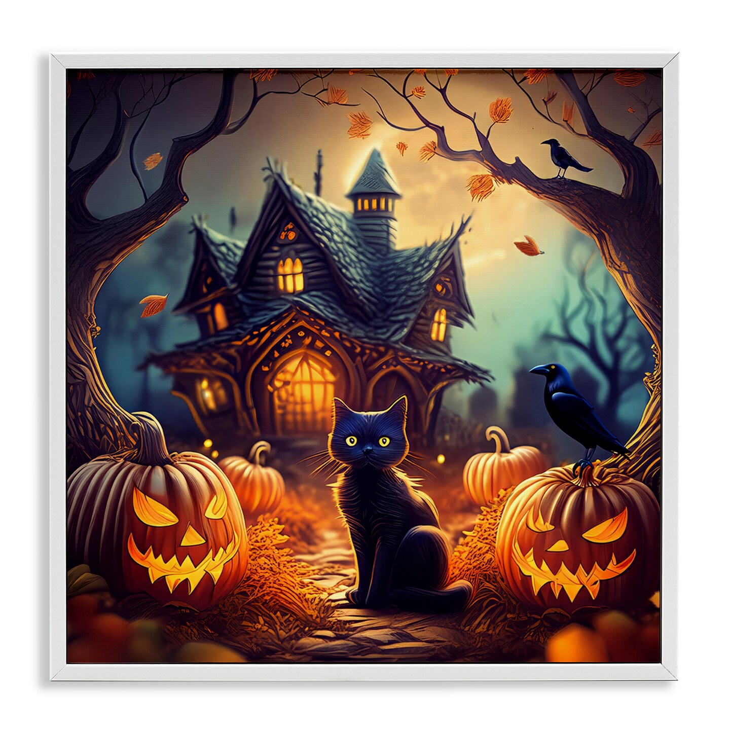 Stupell Industries Haunted House &#x26; Black Cat Framed Giclee Wall Art Design by Alina Georgescu