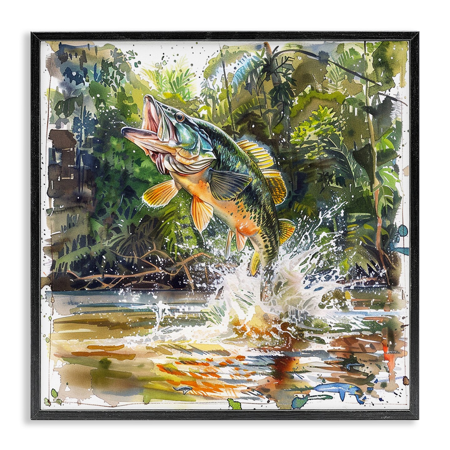 Stupell Industries Jumping Bass Fish Framed Giclee Wall Art Design by LSR Design Studio
