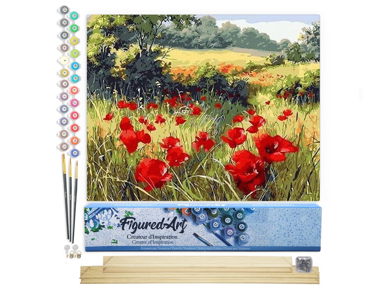Figured&#x27;Art Paint by Numbers Kit for Adults Field of Poppies in the countryside 16&#x22;x20&#x22; - Craft Art Painting Rolled Canvas with DIY wooden frame