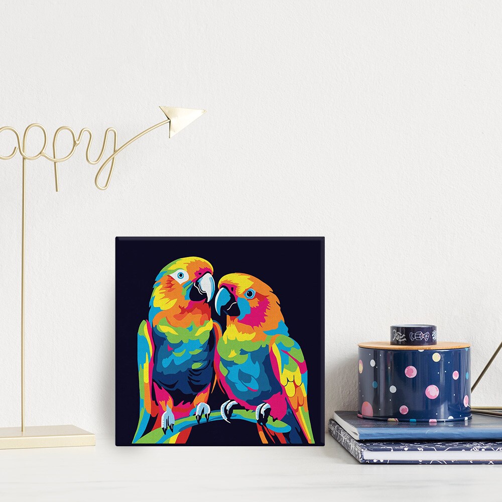 Figured'Art Mini Paint by Numbers Kit for Adults with Frame Parrots Abstract Pop Art Small format 8"x8" - Craft Art Painting DIY Canvas Already Stretched on a Wooden Frame