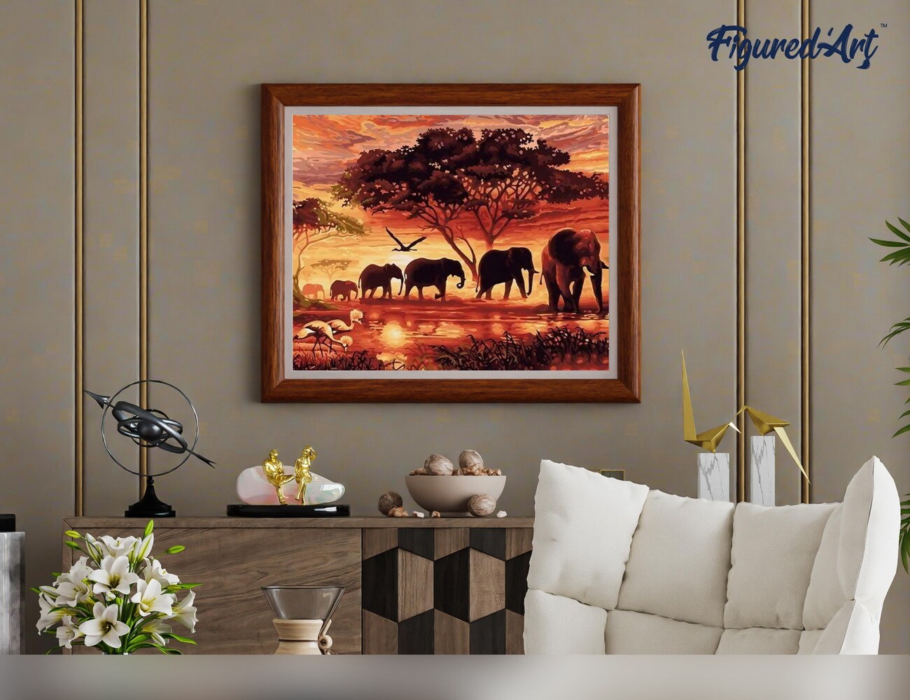 Figured&#x27;Art Paint by Numbers Kit for Adults Elephants at Sunset 16&#x22;x20&#x22; - Craft Art Painting DIY Kit Rolled Canvas without frame