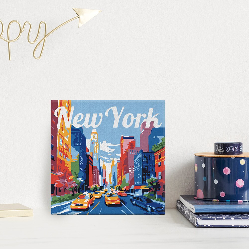 Figured&#x27;Art Mini Paint by Numbers Kit for Adults with Frame Travel Poster New York City Small format 8&#x22;x8&#x22; - Craft Art Painting DIY Canvas Already Stretched on a Wooden Frame