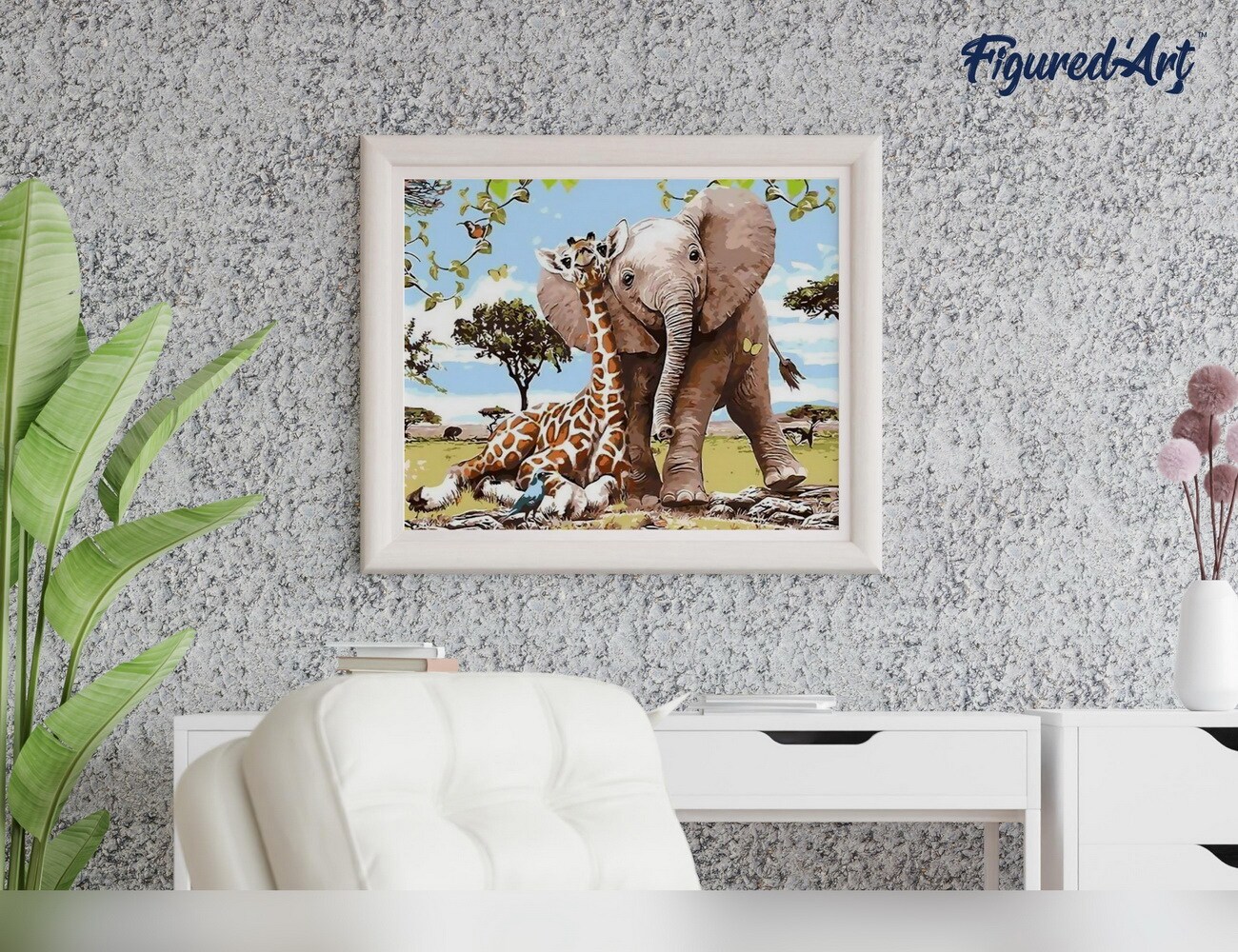 Figured&#x27;Art Paint by Numbers Kit for Adults Elephant &#x26; Giraffe friends 16&#x22;x20&#x22; - Craft Art Painting Rolled Canvas with DIY wooden frame