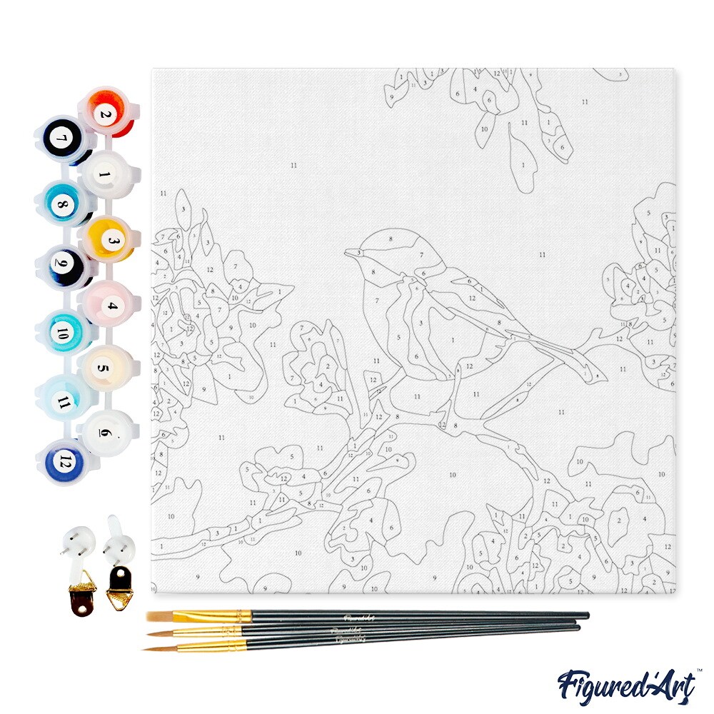 Figured&#x27;Art Mini Paint by Numbers Kit for Adults with Frame Birds Painting Small format 8&#x22;x8&#x22; - Craft Art Painting DIY Canvas Already Stretched on a Wooden Frame