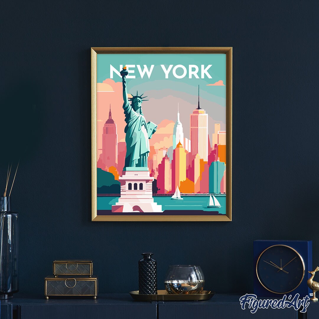 Figured&#x27;Art Paint by Numbers for Adults Travel Poster New York 16&#x22;x20&#x22; - Craft Art Painting Rolled Canvas with DIY wooden frame