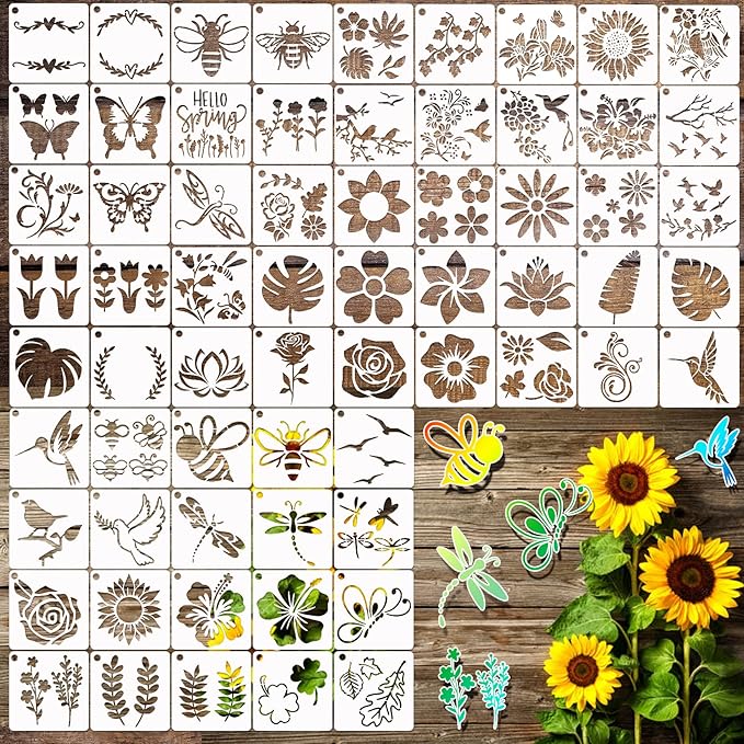 65Pcs Small Stencils for Painting on Wood Burning Reusable, 3 Inch Reusable Stencil for Craft Ornament Paint Template Stencils for Wall Card Rock Wood Signs Coasters Canvas Home Decor (Flower)