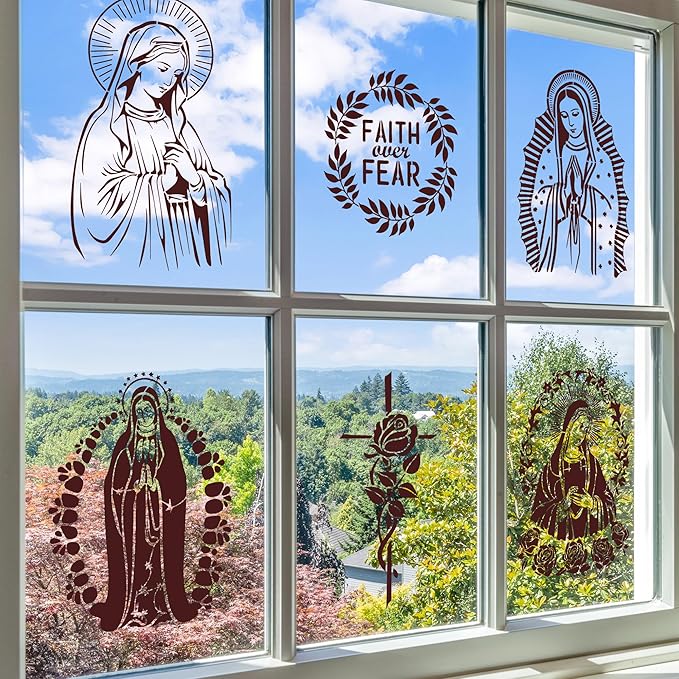 Religious Stencils for Crafts Reusable - 12 Pcs Chiristian Cross Inspirational Stencils for Wood Burning Wall Furniture Decor Drawing Template