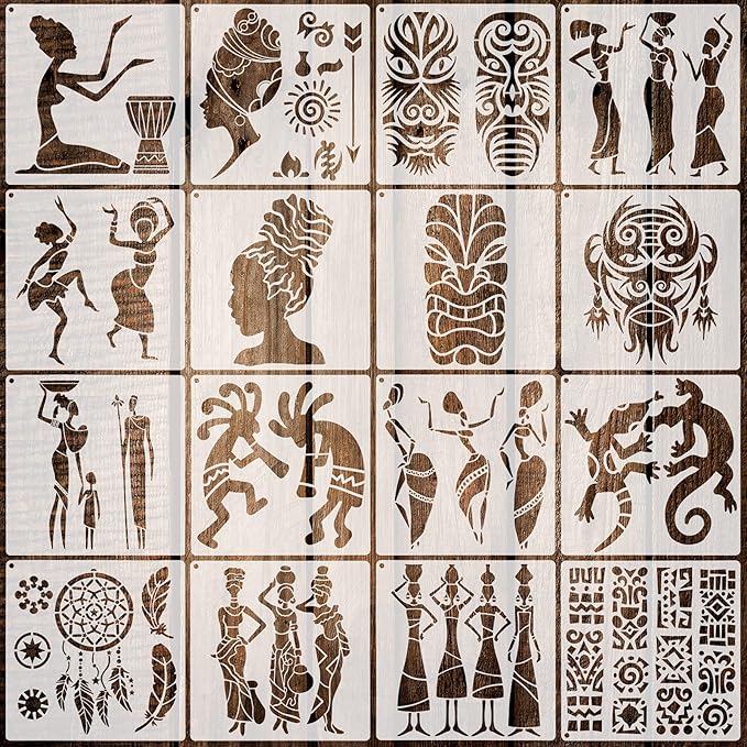 16 Pieces African Tribal Stencils Congo Mask Stencil Tribal Faces Stencil African Stencil Template Art and Craft Wall Painting Stencil and Metal Open Ring for Painting on Wood Wall Decor