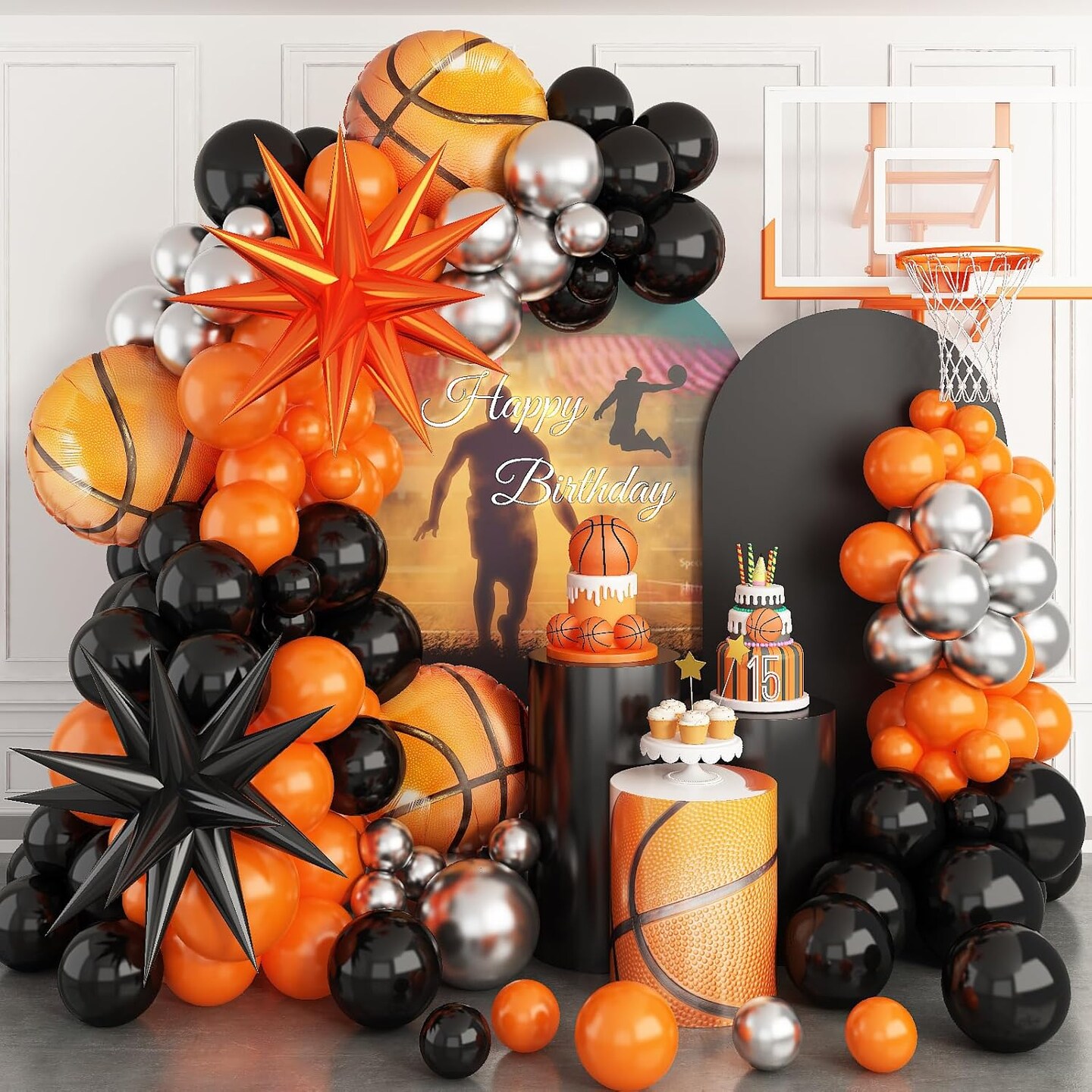111PCS Basketball Balloon Arch Kit – Orange Black Silver Sports Balloon Garland with Star Foil Balloons, Birthday & Baby Shower Basketball Party Decorations Supplies