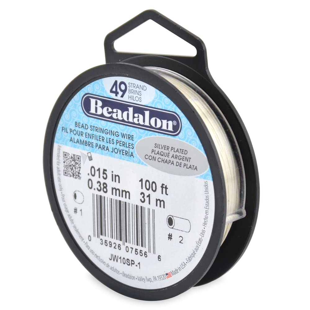 Beadalon 49 Strand Stainless Steel Bead Stringing Wire, .015 in / 0.38 mm, Silver Plated, 100 ft / 3