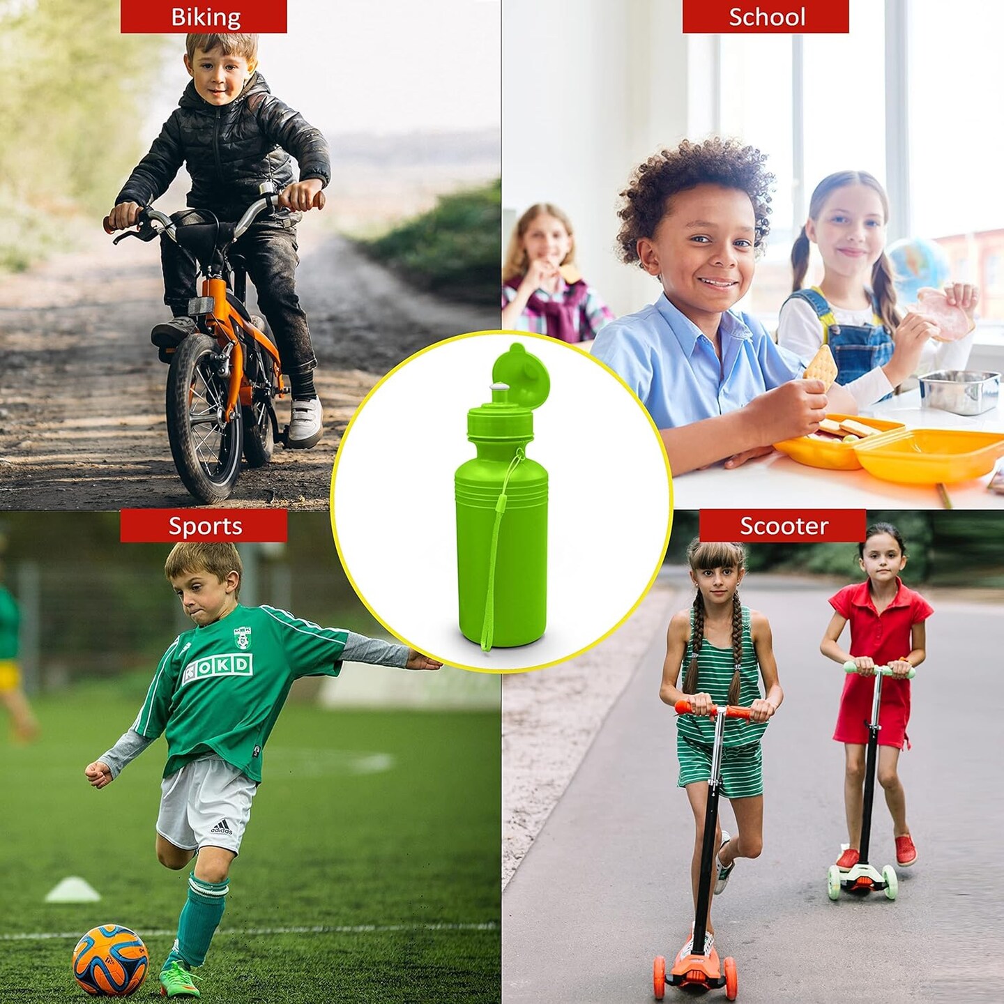 4E&#x27;s Novelty 4 Pack Kids Water Bottles 18oz &#x2013; BPA-Free, Reusable Plastic Bottles with Strap