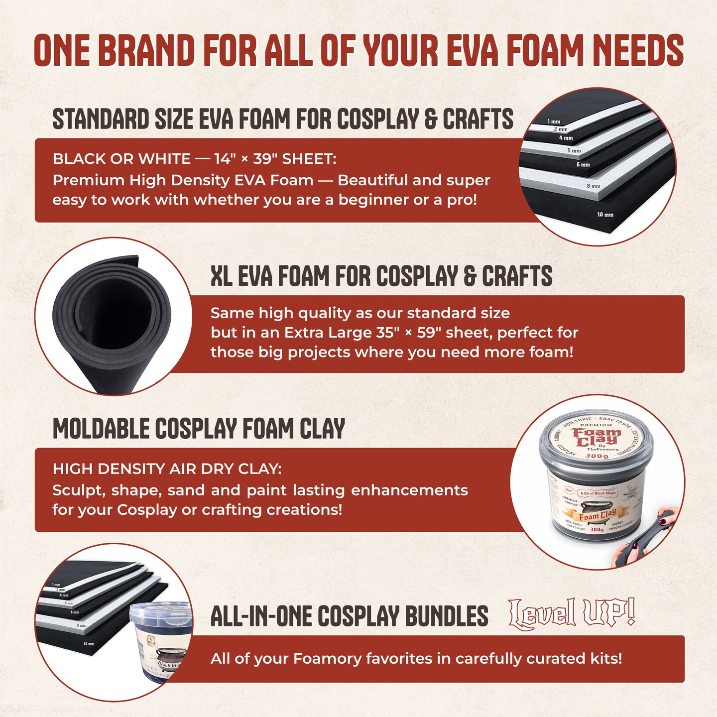 EVA Foam Dowel/Bevel - 1 to 3 Meter(s) Cosplay Craft Material - Multiple Shapes - Multiple Diameters 5-40mm