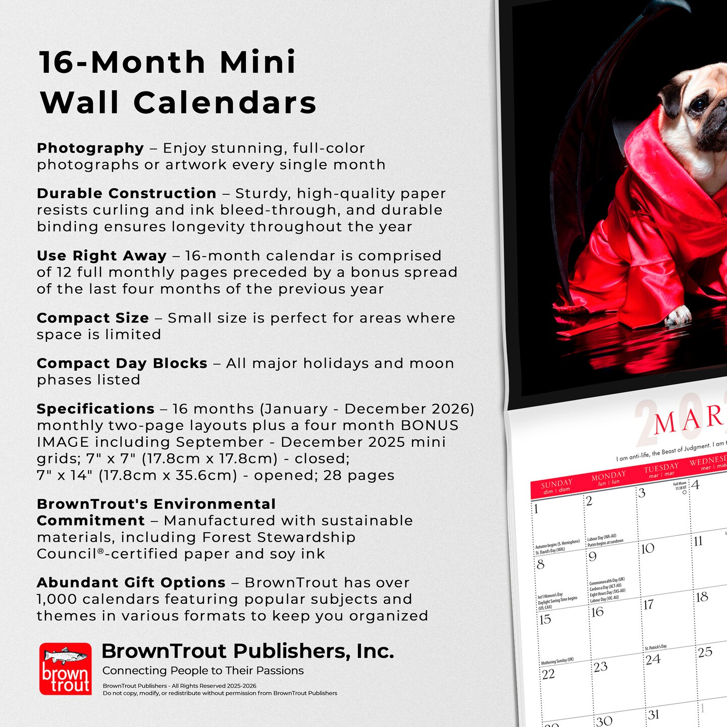 Fantasy Pugs OFFICIAL | 2026 7 x 14 Inch (Hanging) Monthly Mini Wall Calendar