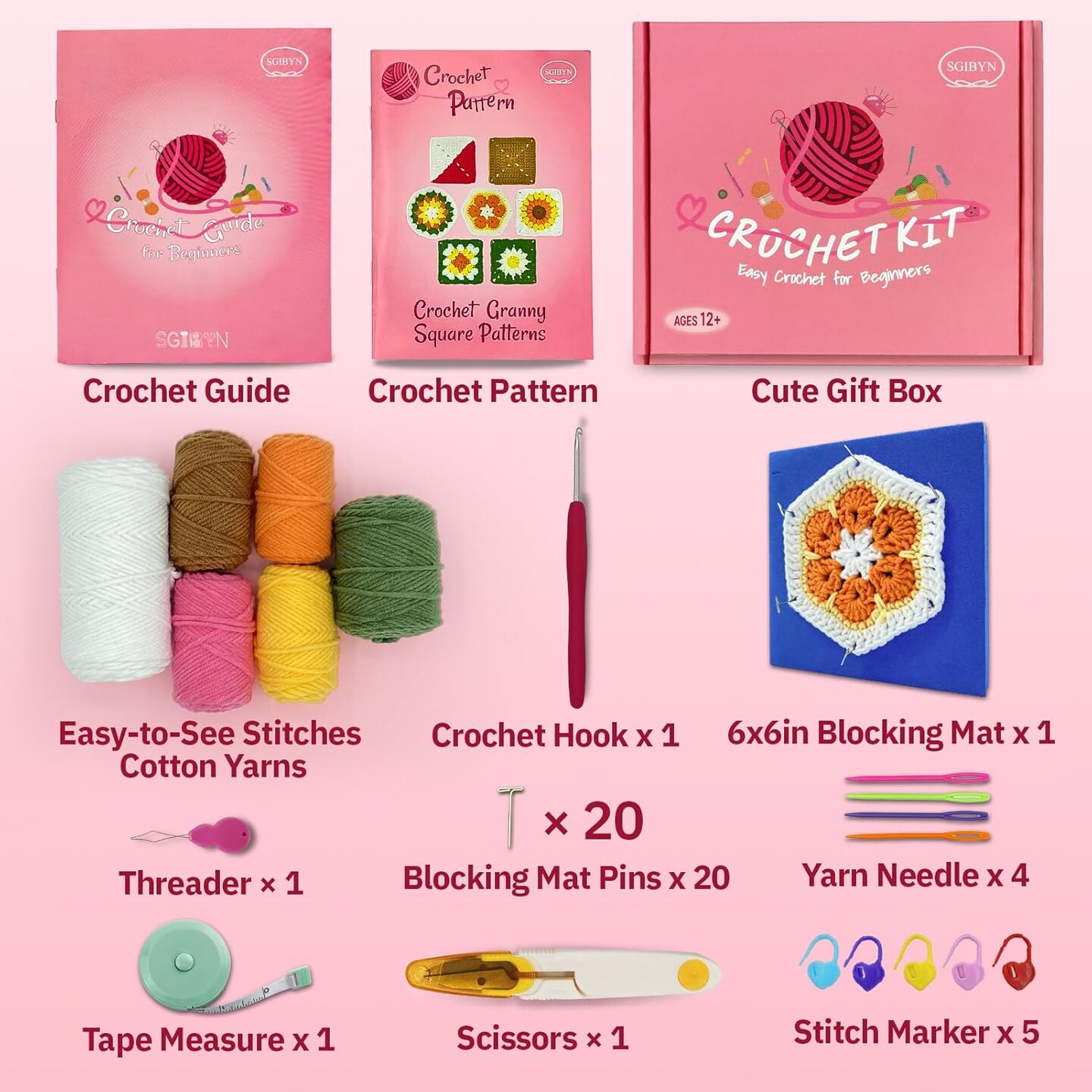 Crochet Kit for Beginners with Step-by-Step Video Tutorials, Granny Squares Beginners Starter Crochet Kit for Women Knitting Kits Learn to Crochet Set (Granny Squares)
