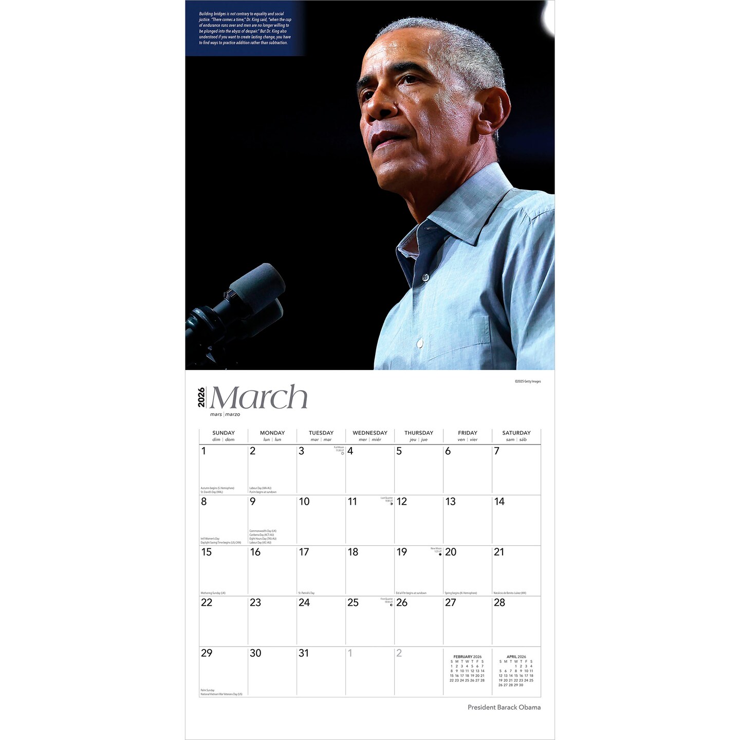 President Barack Obama | 2026 12 x 24 Inch (Hanging) Monthly Square Wall Calendar | Plastic-Free