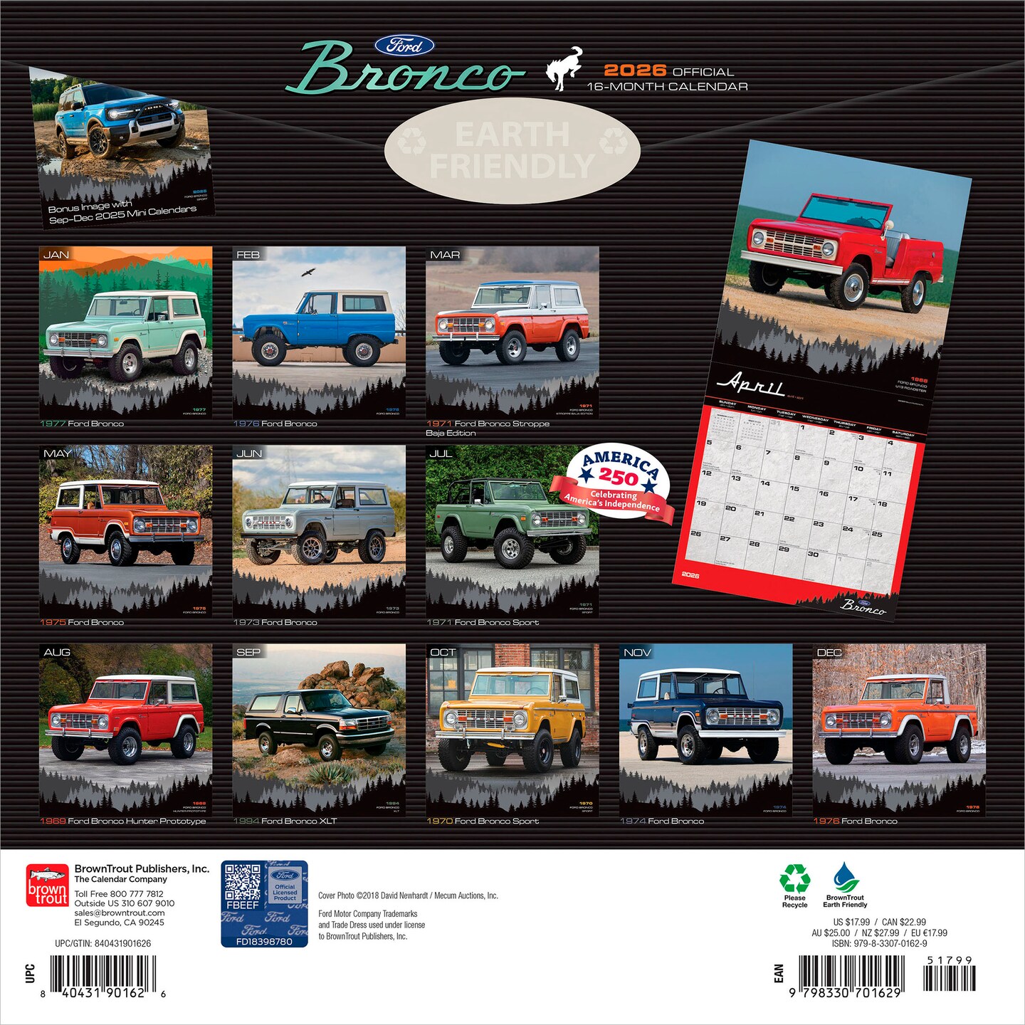 Ford Bronco OFFICIAL | 2026 12 x 24 Inch (Hanging) Monthly Square Wall Calendar | Plastic-Free