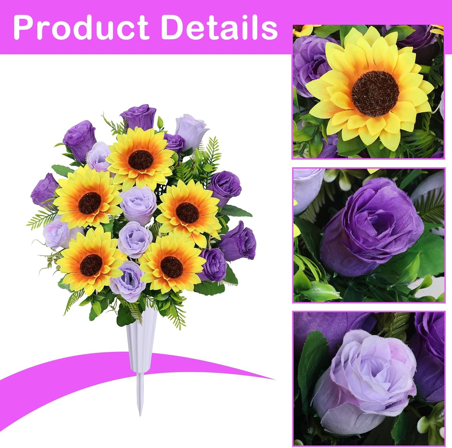 Artificial Cemetery Flowers for Grave – Set of 2 Rose & Sunflower Bouquets with Vase for Outdoor Grave and Headstone Memorial Decorations (Purple)