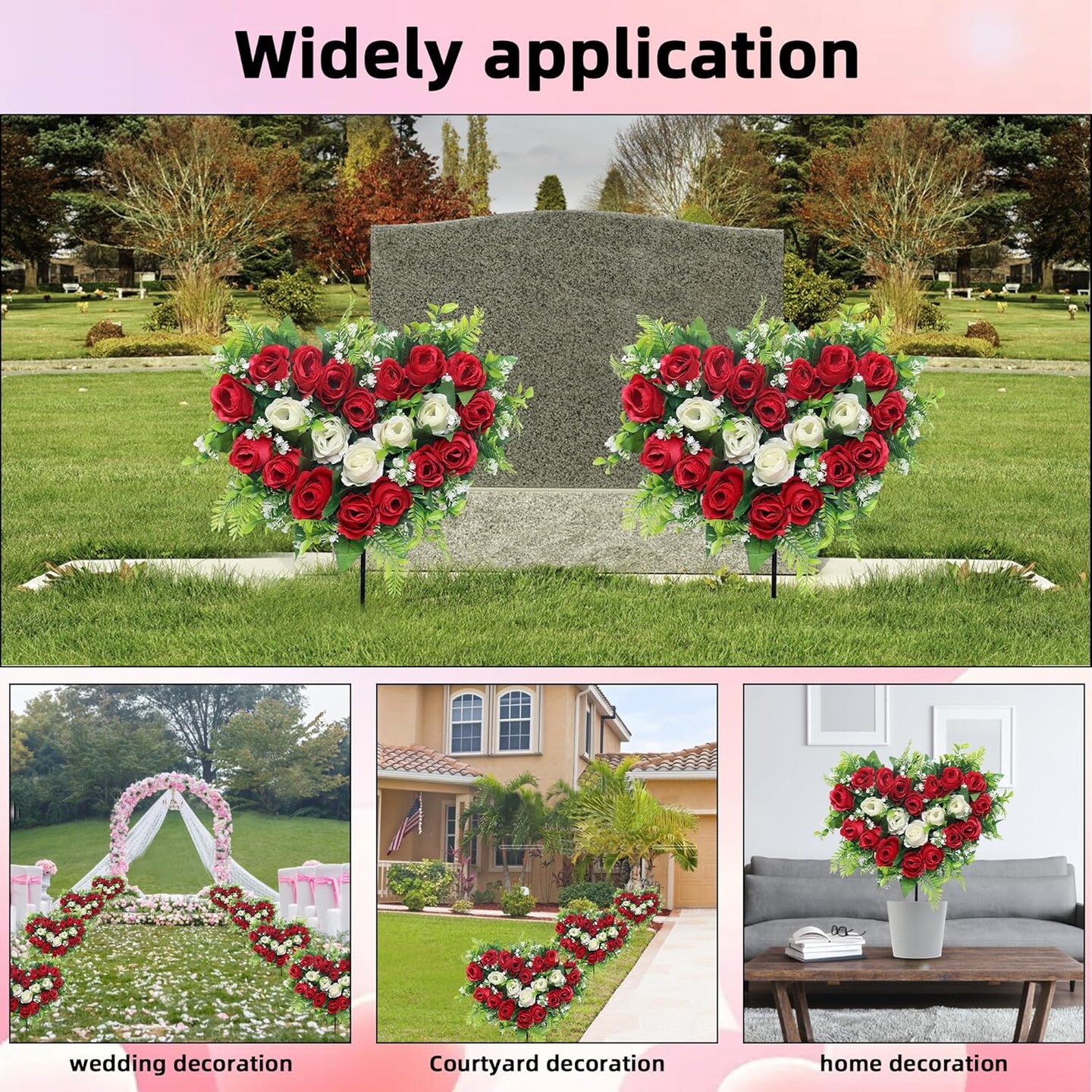 Artificial Cemetery & Memorial Flowers – Red Silk Rose Heart-Shaped Wreaths with Ground Spike, Grave Memorial Decoration for Headstones and Gravesites (2 Sets)