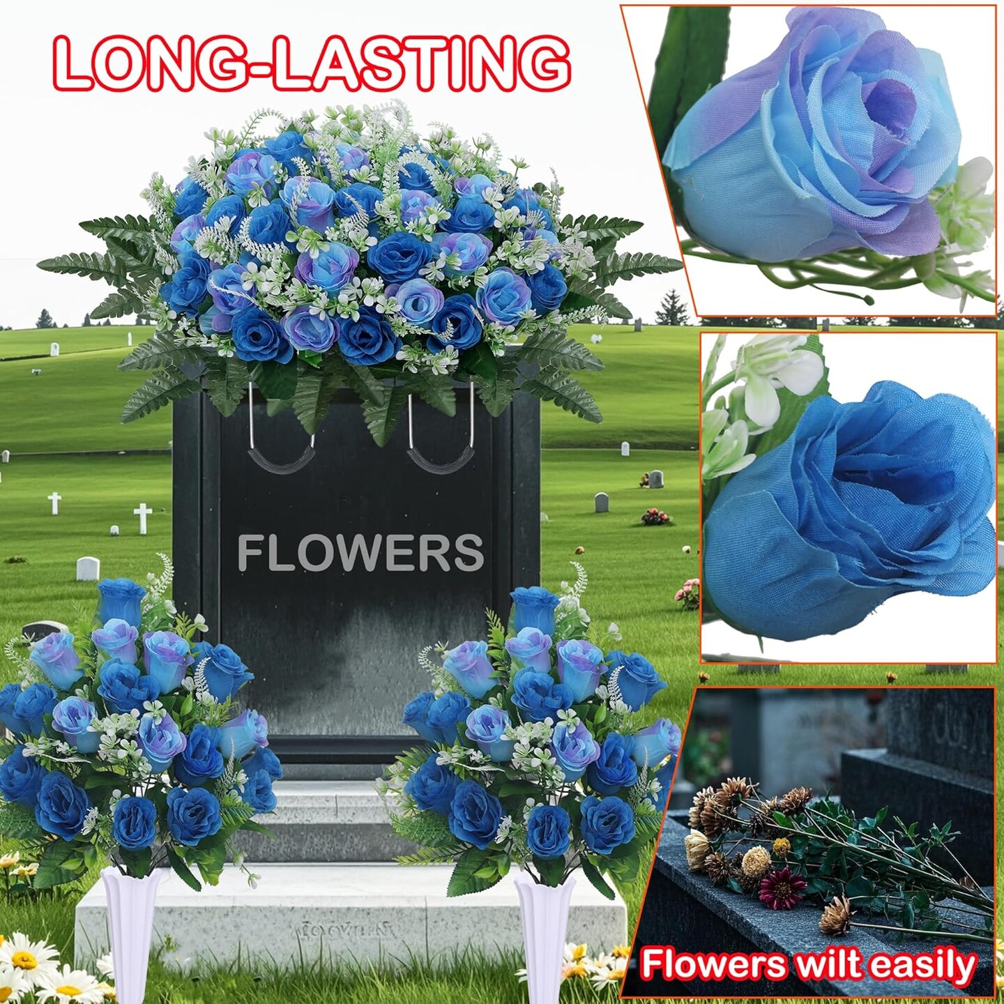 3pcs Headstone Flower Saddles for Tombstone – Cemetery Memorial Bouquets with Vase, Artificial Rose Headstone Flowers Saddle (Blue)
