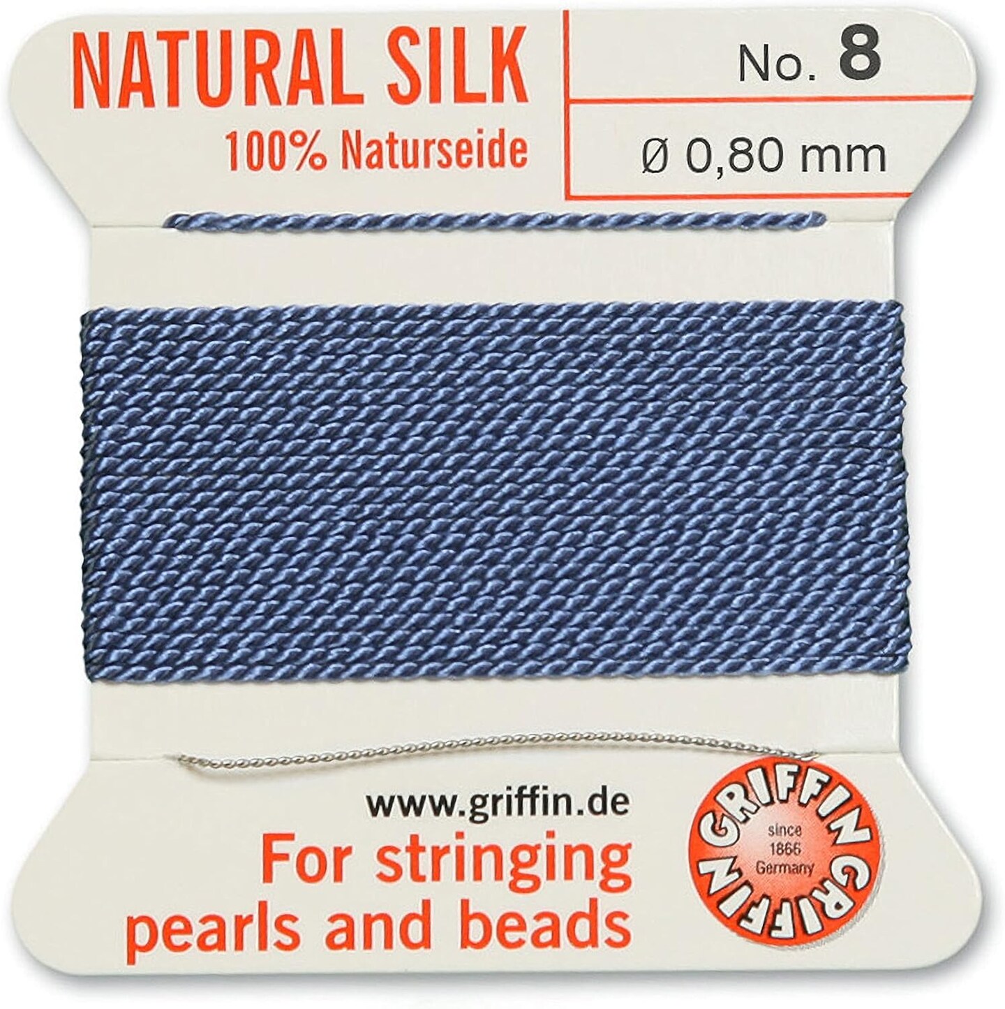 Griffin Silk Bead Cord Perlseide – Size 8 (0.80mm) – 2 Meters per Card – Stainless Steel Needle Attached – for Knotting Pearls, Gemstones, Crystals and Beads