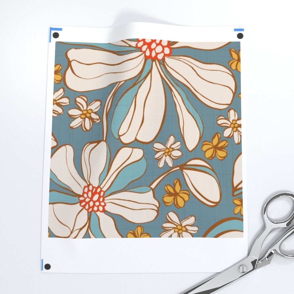 Blue Boho Floral Retro Botanical Garden Bloom Meadow Wildflower Large Scale Custom Printed Fabric by Spoonflower Various Fabrics by the Yard or Fat Quarter