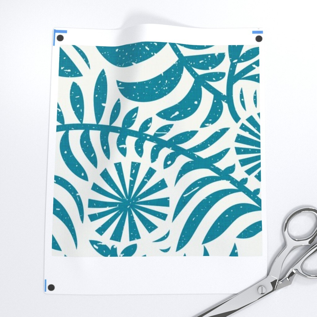 Teal Floral Blue Country Flowers Botanical Block Print Cottagecore Rustic Retro Summer Custom Printed Fabric by Spoonflower Various Fabrics by the Yard or Fat Quarter
