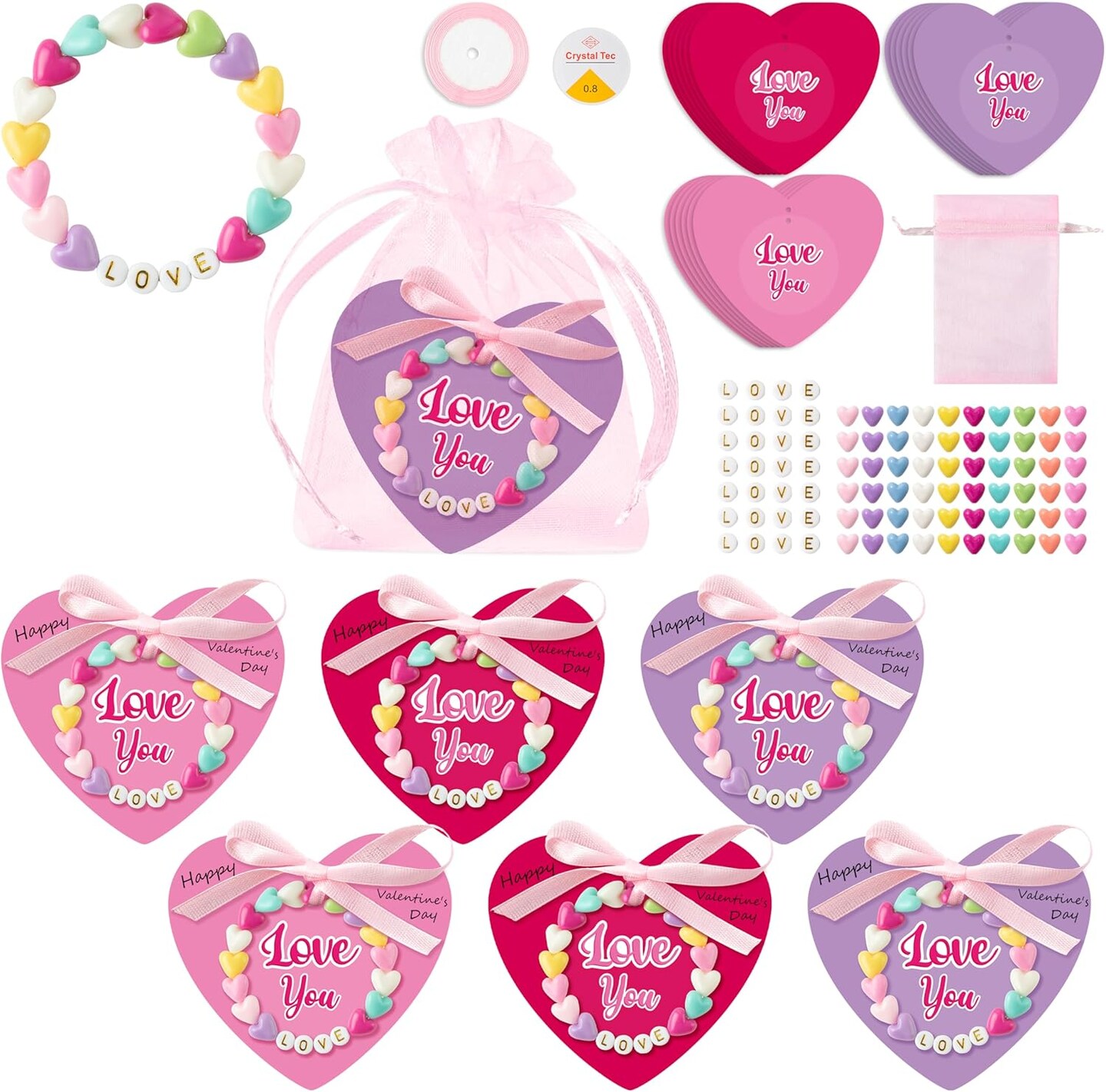 Mother’s Day Card Making DIY Bracelet Craft Kit for Kids – 24 Pack LOVE Letter Beads Bracelet Set with Heart Greeting Cards, Gift Bags & Elastic String for Classroom & Party Activities (Ages 6–12)