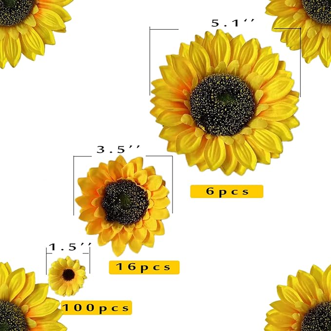 122pcs Artificial Sunflower Heads 5.1'' 3.5'' 1.5'' Yellow Sunflower Artificial Flowers for Home Decoration Wedding Decor Birthday Party Decor Garden Craft Art Decor