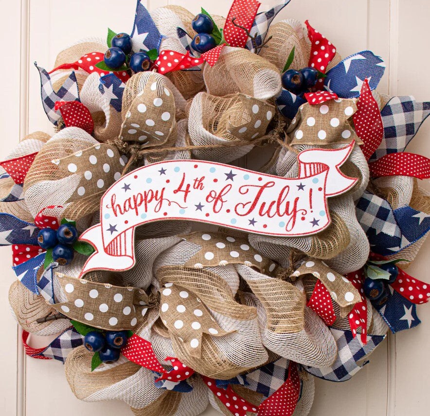 15&#x22; Happy 4th of July Hanging Banner Sign &#x2013; Glitter Patriotic Decoration with Stars