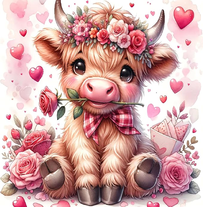 Valentine's Day Diamond Painting Kits for Adults, Highland Cow Diamond Art Kits for Adults Beginners, DIY 5D Cow Full Round Drill Diamond Dots Gem Arts Kits for Home Wall Decor 14 x 14 Inch