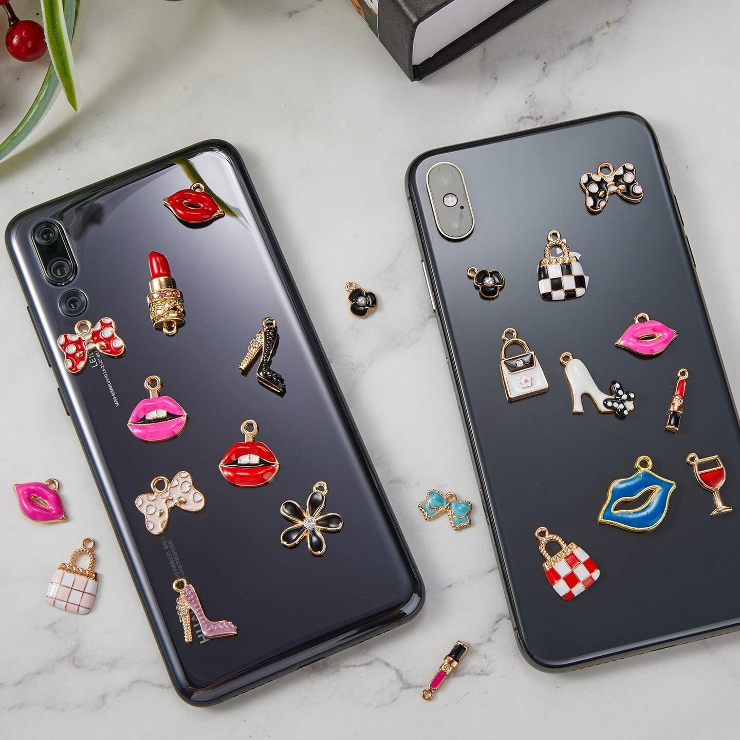 50 Pieces Enamel Charms for Bracelet Jewelry Making Women Makeup Earrings Lipstick Craft Pendant High Heel Designer Charms Mixed Gold Plated Wallet Flower Bow Items for DIY Necklace