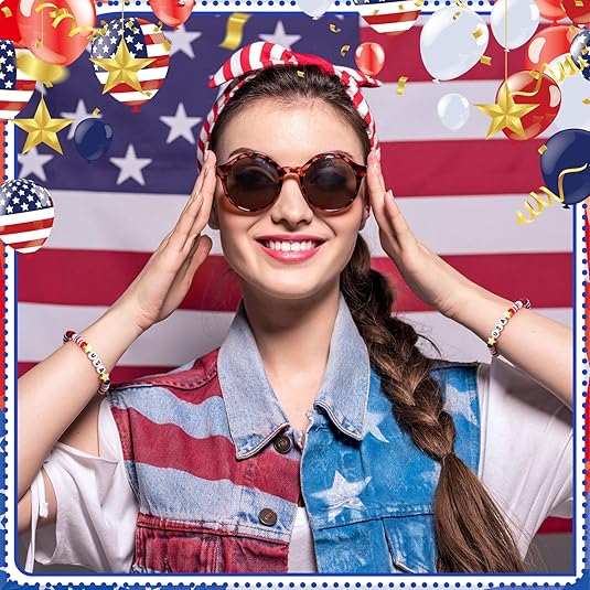 USA Bracelets Bulk 4th of July Accessories Red White and Blue Polymer Clay Beaded Stretch Bracelets for Women USA Jewelry Independence Day 4th of July Patriotic Party Favors Gifts
