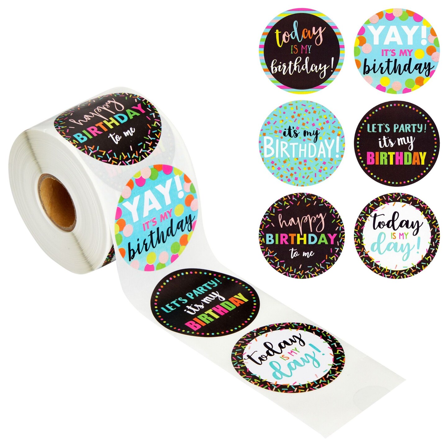 504 Piece Round Happy Birthday Stickers for Students, Happy Birthday to Me, Today is my Day Stickers, Kids Party Favors, Teachers, 6 Assorted Designs (2 Inches)