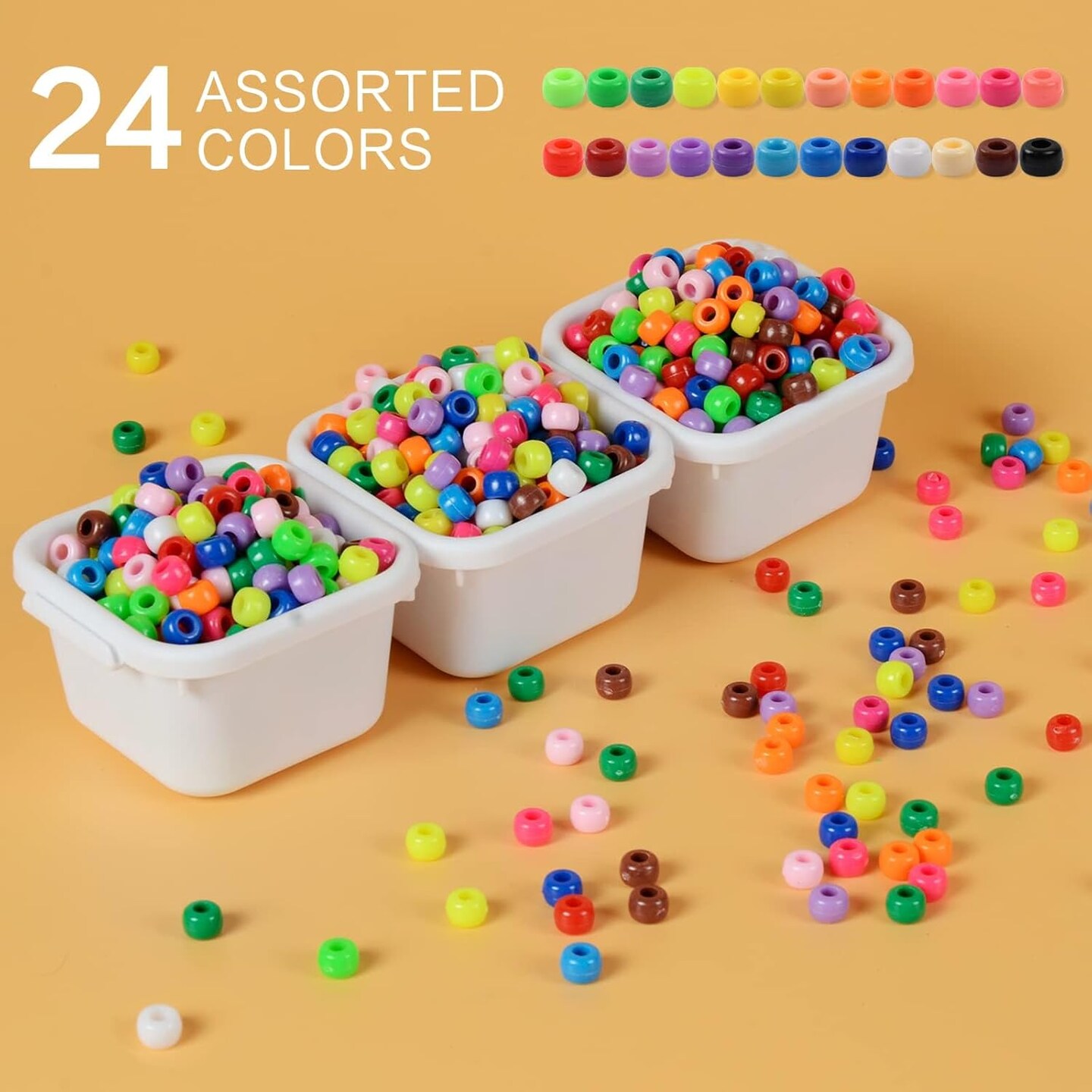 Pony Beads 3600 Pcs 6x9mm Multi-Colored Plastic Craft Beads Set, Bulk Rainbow Hair Beads 24 Assorted Colors for DIY Crafting Jewelry Making