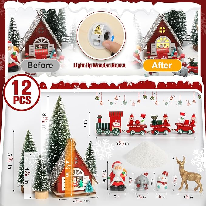 Christmas Village Sets, Winter Xmas Holiday 13” Lazy Susan with Light-up House Christmas Trees Santa Snowman Table Centerpieces Town Building Collection Décor