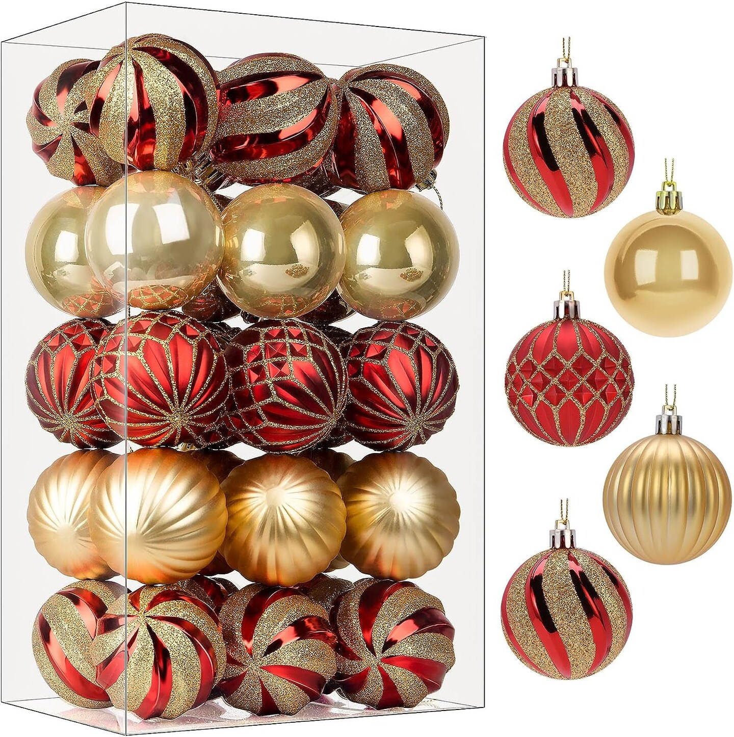 30Ct 2.36 Inch Christmas Tree Balls Ornaments, Colored Shatterproof Plastic Decorative Baubles for Xmas Tree Decor Holiday Party Wedding Decoration (Red &#x26; Gold, 60Mm)