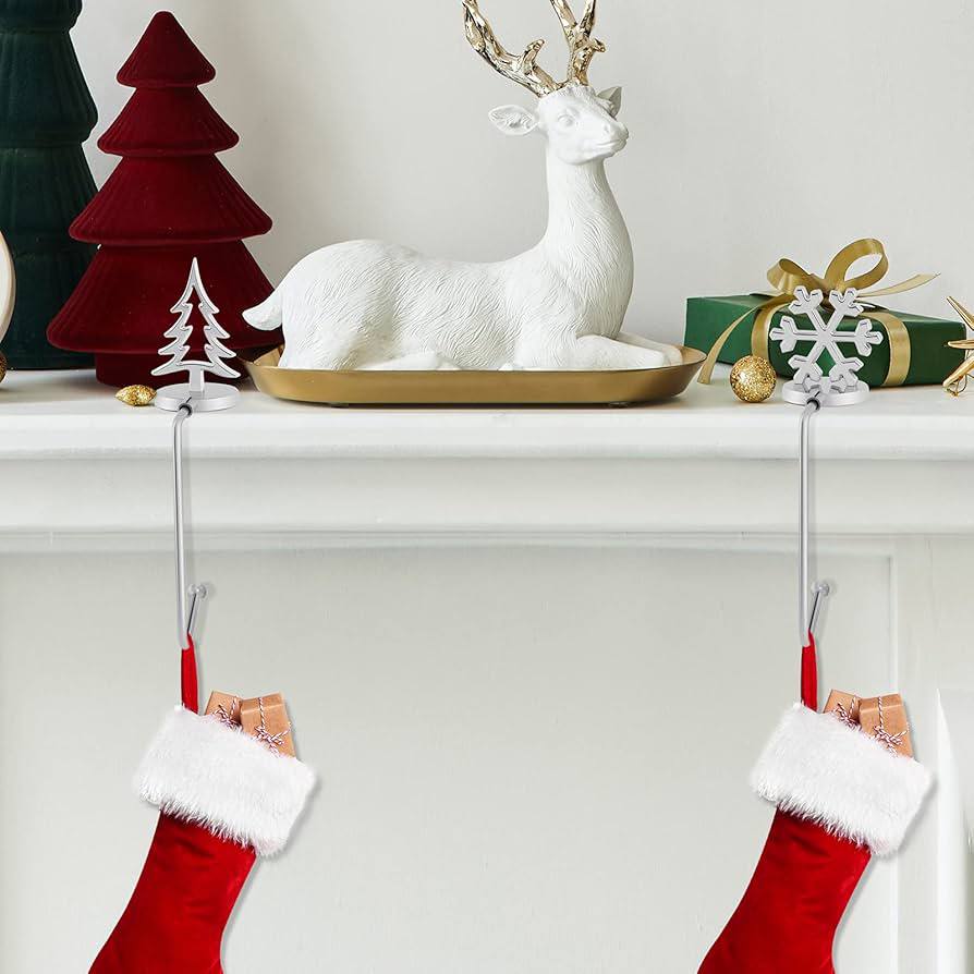 Christmas Stocking Holders for Mantel Weighted Stocking Hangers Hooks Set of 4 Reindeer Snowflake Star Christmas Tree