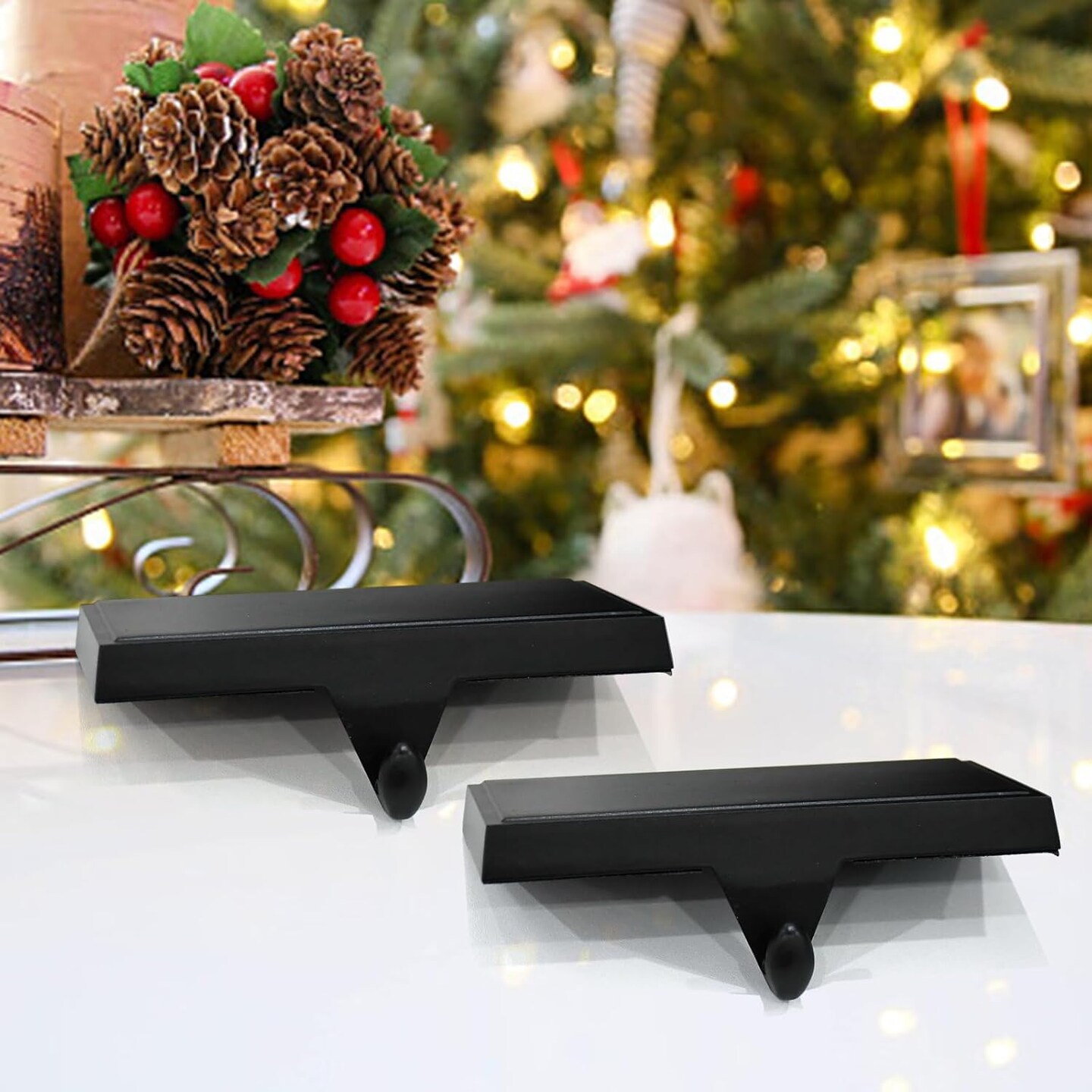 Christmas Stocking Holders, Mantel Stocking Hangers, Weighted Metal Hanging Hooks, Stocking Holders Bases for Mantel, Fireplace Xmas Party Decoration (Black, 4 Pcs)