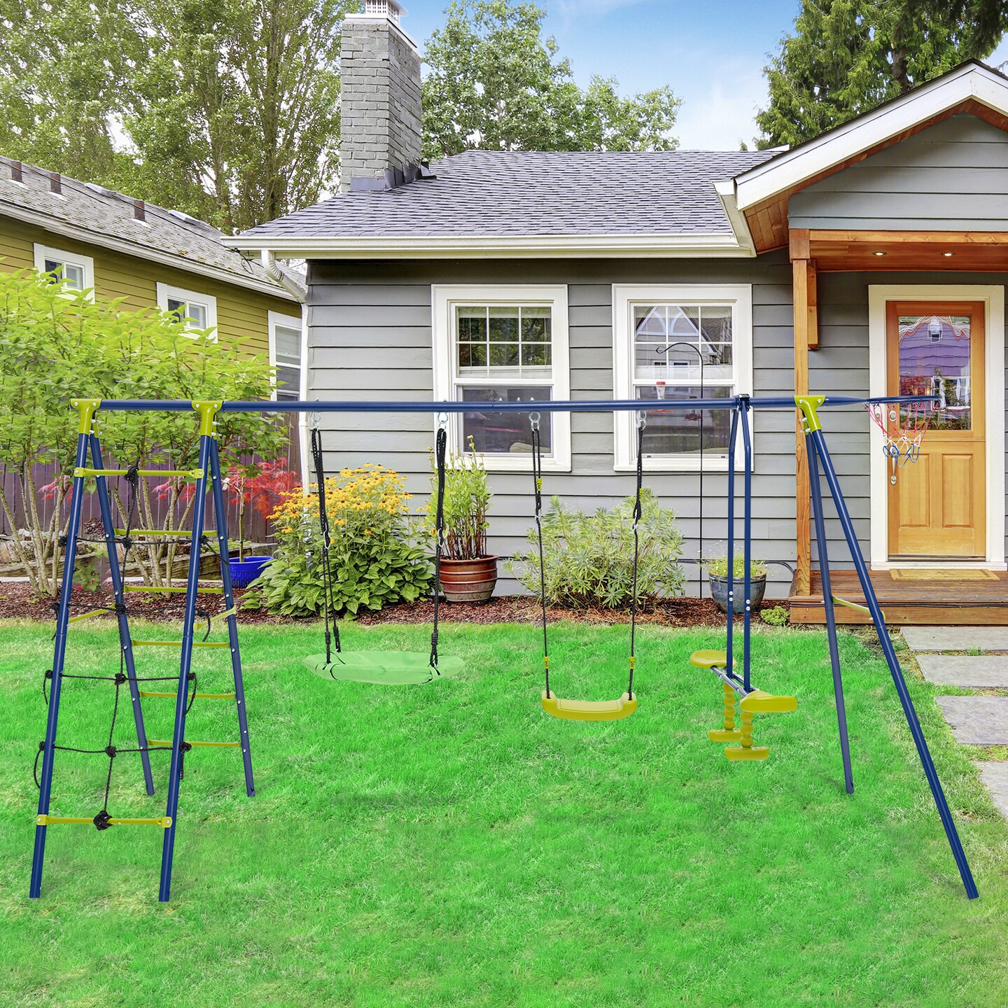 6-in-1 Patio Kids Swing Set with Climbing Net and Ladder