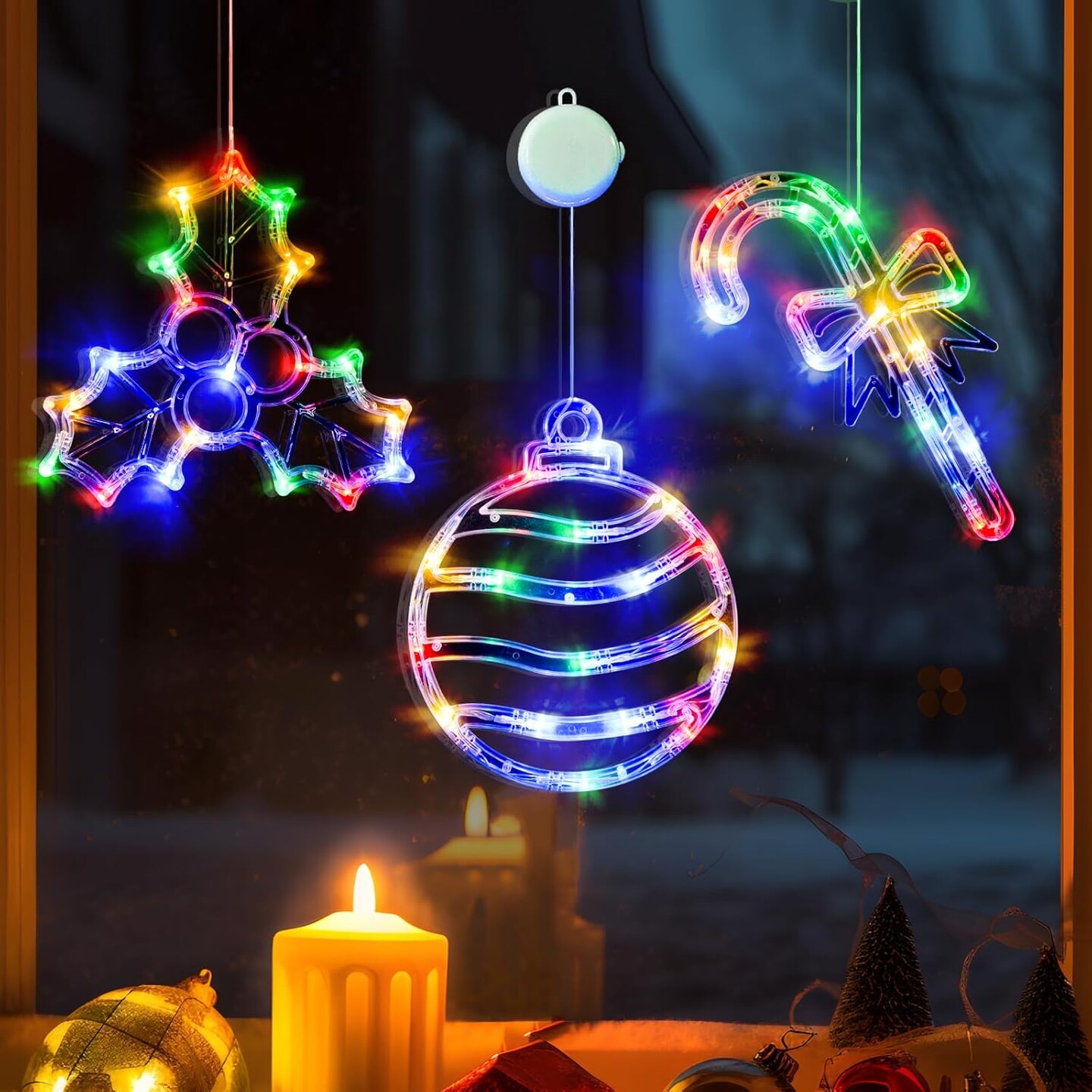 Christmas Window Lights, 3 Pack Multicolor Christmas Ball, Holly Berry, Candy Cane Lights with Suction Cup, Timer Function and Slow Fade Mode Battery Operated Lights for Christmas Decoration