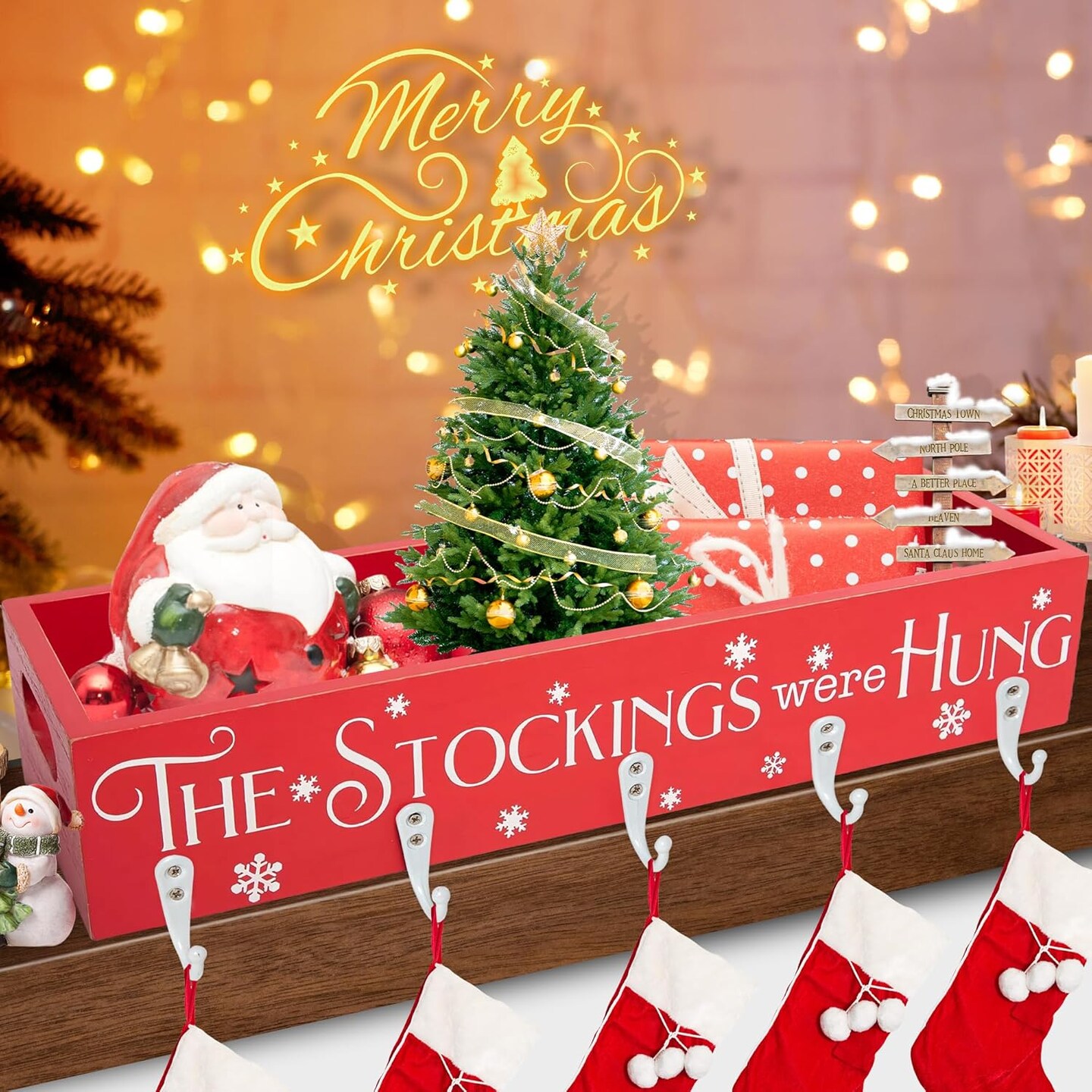 Christmas Stocking Holders, Wooden Box with 5 Hook Stockings Hangers Christmas Decoration for Fireplace Mantel Wood Organizer Storage