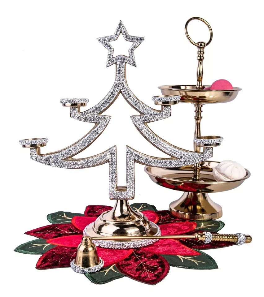 Metal Christmas Tree Candle Holder with Crystals, Tea Light Holder 14.6&#x22;, GOLD