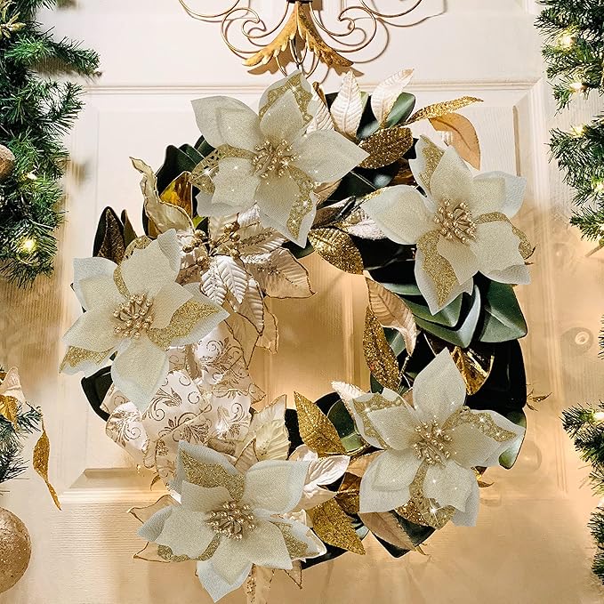 12 PCS Poinsettia Flower Artificial Poinsettia Christmas Decoration 5.9'' Gold Glitter Poinsettias Christmas Ornaments Christmas Tree Flower Decor with Clips DIY Xmas Wreath Holiday Home Party Decor