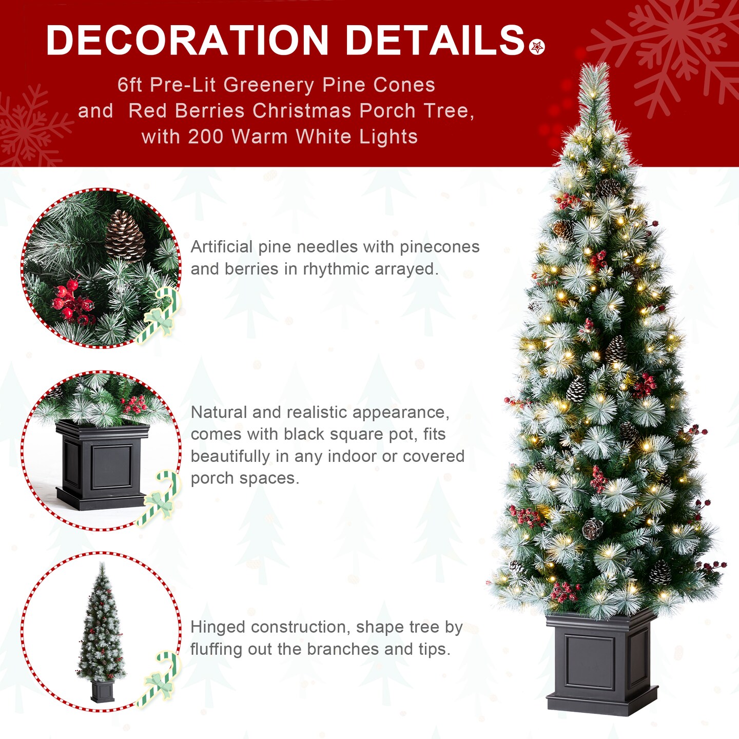 Set of 2 4ft/5ft/6ft Pre-Lit Pine Artificial Christmas Porch Tree with Decorative Urn Pot